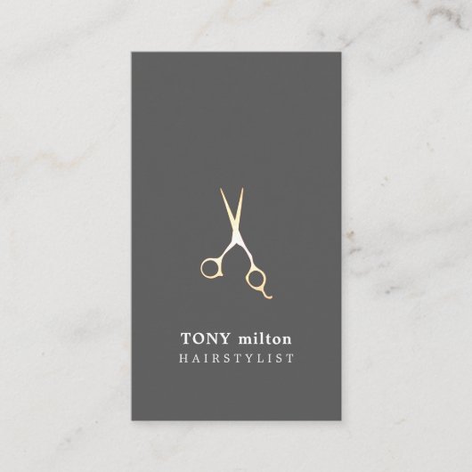 グレーエレガントメフェイクタルはさみヘアスタイリスト 名刺 (正面)