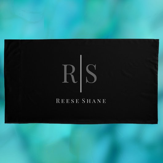 グレーエレガントモノグラムとホワイトネーム、ブラック 枕カバー