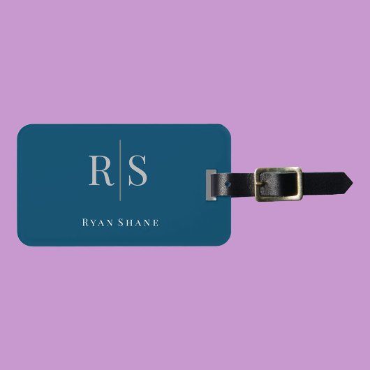 グレーエレガントモノグラム、名前と情報、海ブルー ラゲッジタグ