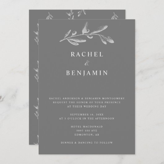 グレーエレガントモノワ結婚ー植物学ミニマル 招待状 (正面/裏面)