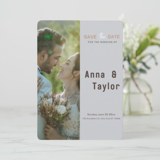 グレーエレガント保存の日付招待状 セーブザデート (スタンド正面)