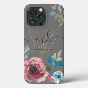グレーエレガント植物学フローラバラモノグラム名 iPhone 13 PROケース