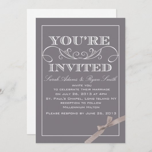 グレーエレガント結婚式招待状(リボン付き) 招待状 (正面/裏面)