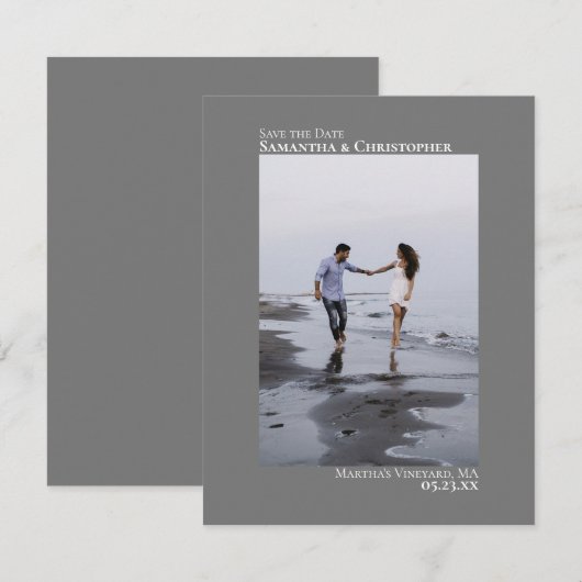 グレーエレガント縦写真ミニマル結婚リスト セーブザデート (正面/裏面)