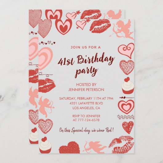 グレーエレガント赤いハート41歳の誕生日招待状 招待状 (正面/裏面)