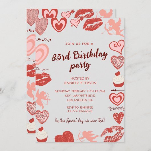 グレーエレガント赤いハート83歳の誕生日招待状 招待状 (正面/裏面)