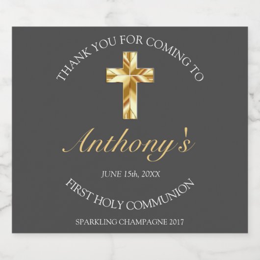 グレーエレガント金ゴールドクロス第1聖餐式 スパークリングワインラベル (シングルラベル)