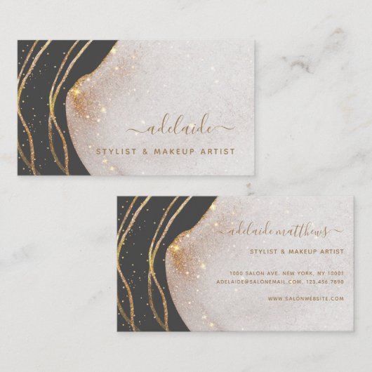 グレーエレガント金ゴールドグリッター署名スクリプトエージェント   名刺 (正面/裏面)