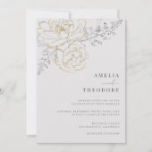 グレーエレガント金ゴールドフローラ結婚ズ 招待状 (正面)