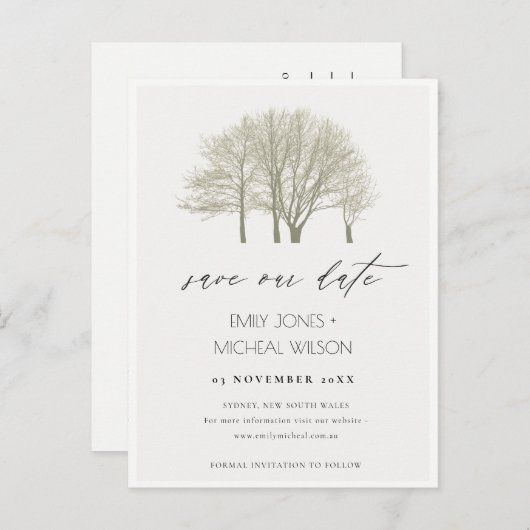 グレーエレガント金ゴールド秋秋の木の日付を保存 案内ポストカード (正面/裏面)