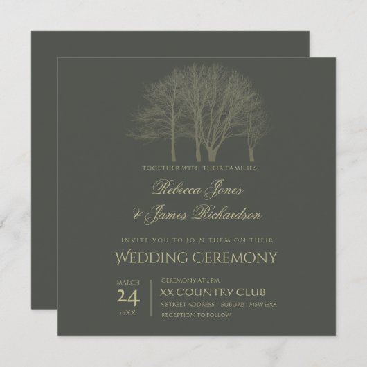 グレーエレガント金ゴールド秋秋の木結婚のカード 招待状 (正面/裏面)