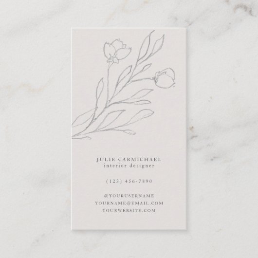 グレーエレガント鉛筆スケッチされた花(垂直) 名刺 (正面)
