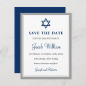 グレーエレガント&ネイビーブルーバー(ユダヤ教の)バル・ミツバー4.25インチx 5.5インチ セーブザデート (正面/裏面)