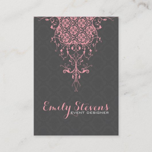 グレーエレガント&ピンクヴィンテージフローラレースオーナメント 名刺 (正面)