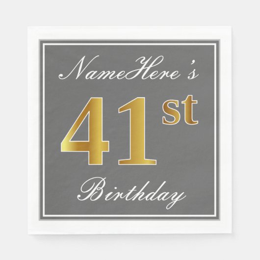 グレーエレガント、フェイク金ゴールド41番目の誕生日、名前をカスタムする スタンダードランチョンナプキン (正面)
