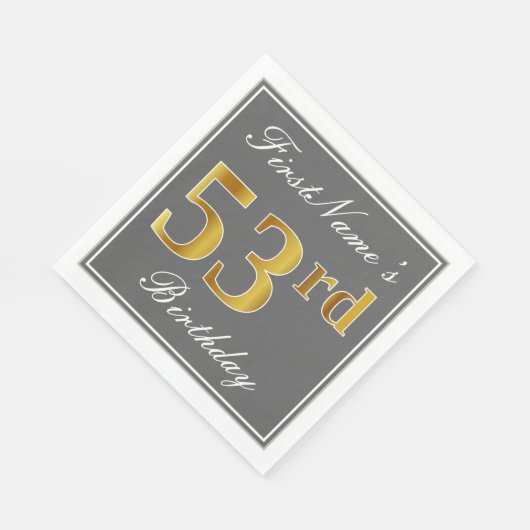 グレーエレガント、フェイク金ゴールド53番目の誕生日、名前をカスタムする スタンダードランチョンナプキン (角)