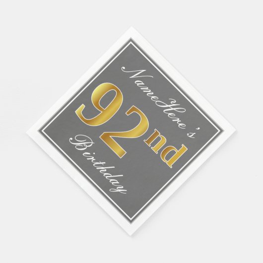 グレーエレガント、フェイク金ゴールド92番目の誕生日、名前をカスタムする スタンダードランチョンナプキン (角)