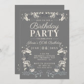 グレーエレガント&ホワイトフローラ60th誕生日招待状 招待状 (正面/裏面)