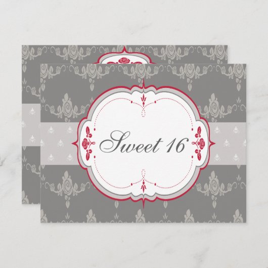 グレーエレガント&レッドローズスイート16 招待状 (正面/裏面)
