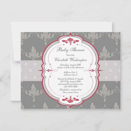 グレーエレガント&レッドローズベビーシャワー 招待状 (裏面)