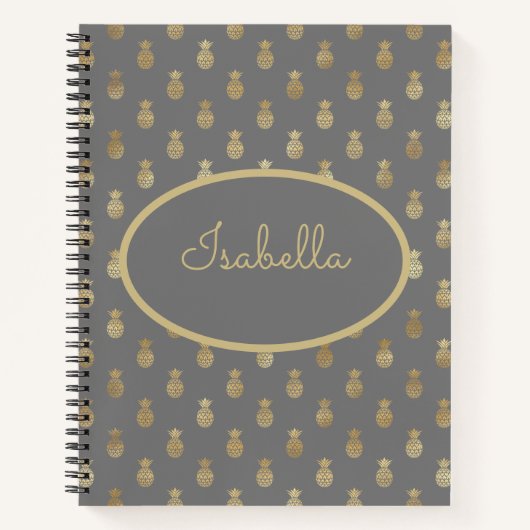 グレーエレガント&金ゴールドパイナップルパーソナライズされたスケッチ ノートブック (正面)