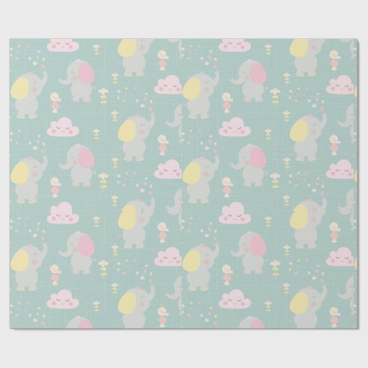 グレーエレファントバルーングリーンシンプルベビーシャワー ラッピングペーパー (フラット)