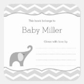 グレーエレファントベビーシャワー蔵書票、ニュートラル スクエアシール (正面)