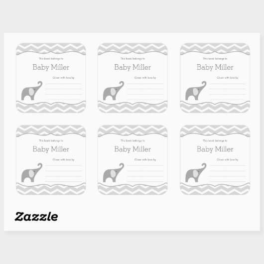 グレーエレファントベビーシャワー蔵書票、ニュートラル スクエアシール (シート)