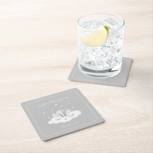 グレーエレファントリトルピーナッツベビーシャワー食器 スクエアペーパーコースター (インサイチュ)