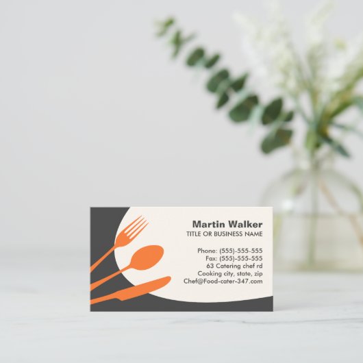 グレーオレンジのモダンケータリングまたはシェフ 名刺 (スタンド正面)