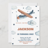 グレーオレンジ色の飛行機誕生日招待状 招待状 (正面)