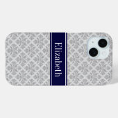 グレーオングレー ダマスク #3 ネイビーブルー 名前 モノグラム Case-Mate iPhoneケース (裏面 (横))