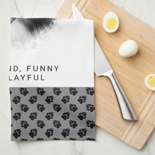 グレーカスタムとテキスト上のペットの写真と黒い手 キッチンタオル (四つ折り)