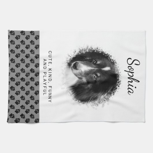 グレーカスタムとテキスト上のペットの写真と黒い手 キッチンタオル (横)
