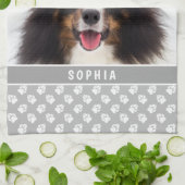 グレーカスタムと名前に白い手を付けたペットの写真 キッチンタオル (折り畳み)