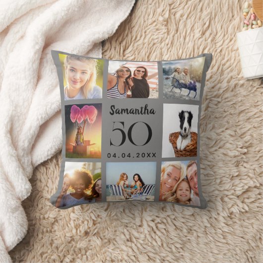 グレーカスタムフォトコラージュ誕生日 クッション (ブランケット)