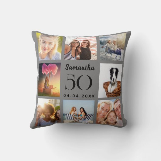 グレーカスタムフォトコラージュ誕生日 クッション (裏面)