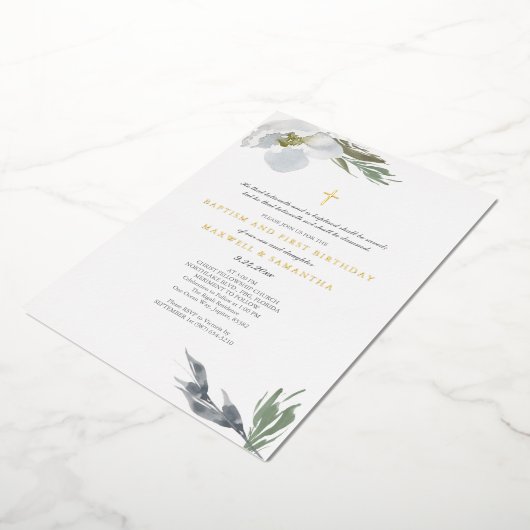 グレーカッコいいウォーター色花模様ツインズバプテスマ 箔招待状 (回転した状態)
