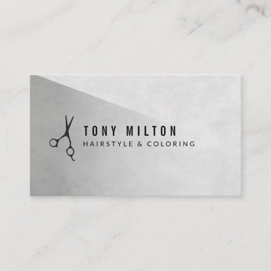 グレーカッコいいミニマルクの黒いハサミのヘアスタイリスト 名刺 (正面)