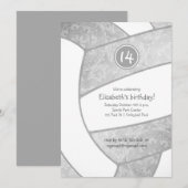 グレーガーリーシルバー白バレーボール誕生日 招待状 (正面/裏面)