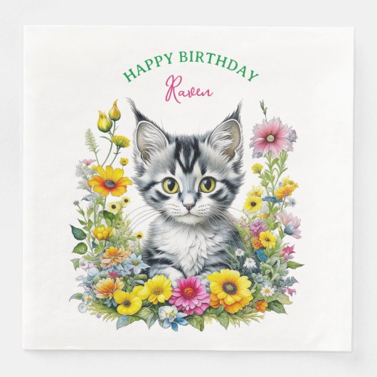 グレーキットンテーマガールズバースデーパーティー招待状 (正面)