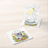 グレーキットンテーマガールズバースデーパーティー招待状 スクエアペーパーコースター (インサイチュ)