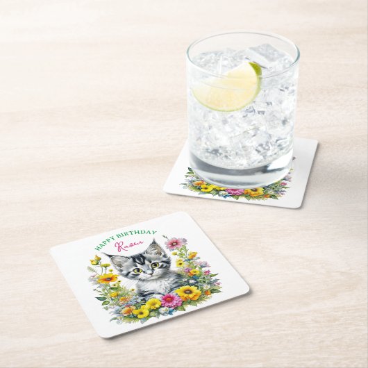 グレーキットンテーマガールズバースデーパーティー招待状 スクエアペーパーコースター (インサイチュ)