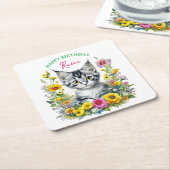 グレーキットンテーマガールズバースデーパーティー招待状 スクエアペーパーコースター (アングル)