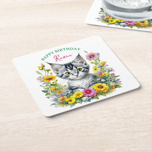 グレーキットンテーマガールズバースデーパーティー招待状 スクエアペーパーコースター (アングル)