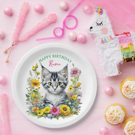 グレーキットンテーマガールズバースデーパーティー招待状 ペーパープレート (パーティー)