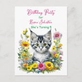 グレーキットンテーマガールズバースデーパーティー招待状 ポストカード (正面)