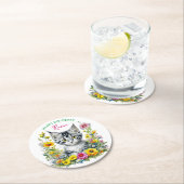 グレーキットンテーマガールズバースデーパーティー招待状 ラウンドペーパーコースター (インサイチュ)