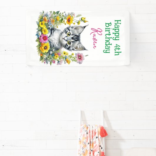 グレーキットンテーマガールズバースデーパーティー招待状 横断幕 (インサイチュ)