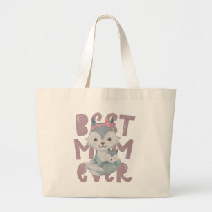 グレーキツネママとカブ最高の- Mom Ever ラージトートバッグ